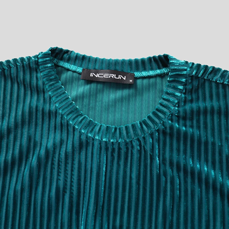 (image for) INCERUN Men T-Shirts Fashion Solid Color Skinny Elastic Top Tee Casual Summer Round Neck Short Sleeve Mens Clothing