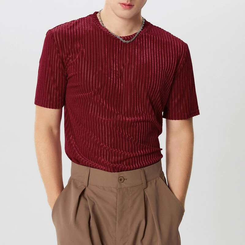 (image for) INCERUN Men T-Shirts Fashion Solid Color Skinny Elastic Top Tee Casual Summer Round Neck Short Sleeve Mens Clothing