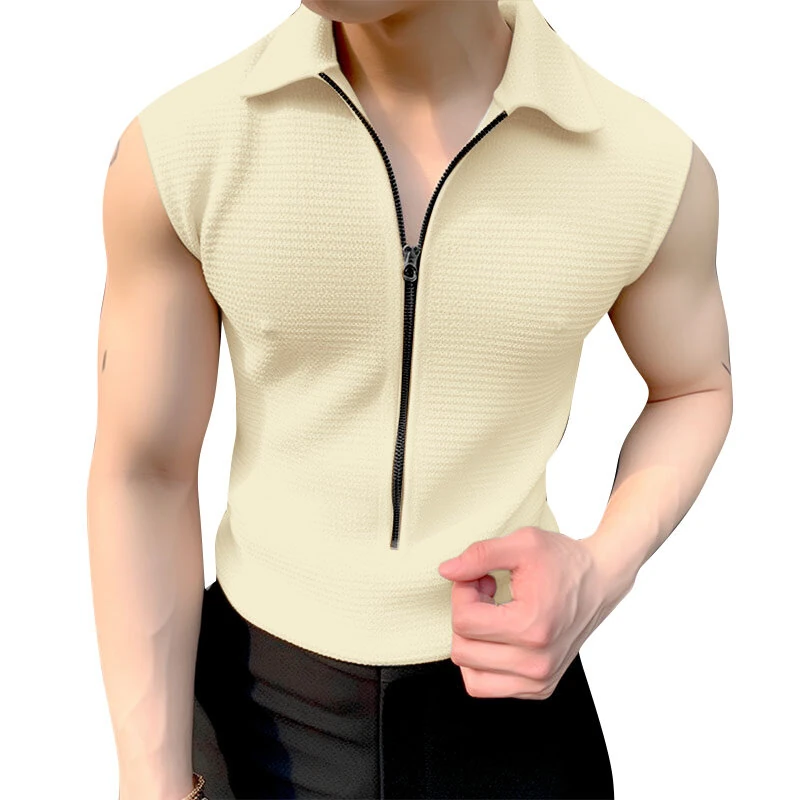 (image for) INCERUN Men Tshirts Male Comfy Lapel Sleeveless Zipper Blouse Streetwear Casual Solid Color T-Shirts Leisure Summer Round Neck Tee Tops