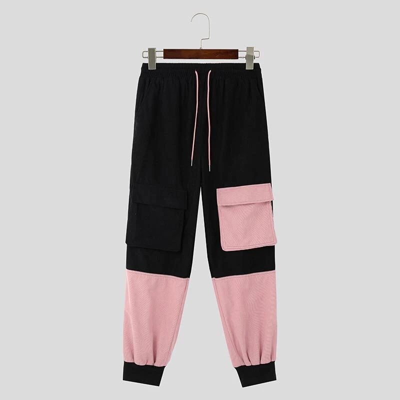(image for) INCERUN Mens Corduroy Contrast Color Patchwork Casual Pant Comfy Casual Harem Pants Drawstring Elastic Waist Trousers for Male Large Size S-5XL