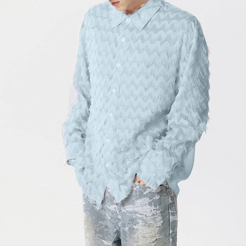 (image for) INCERUN Mens Fringe See Through Long Sleeve Shirt Fashion Pactwork Thin Spliced Tulle Lapel Blouse Loose Fit for Men S-5XL