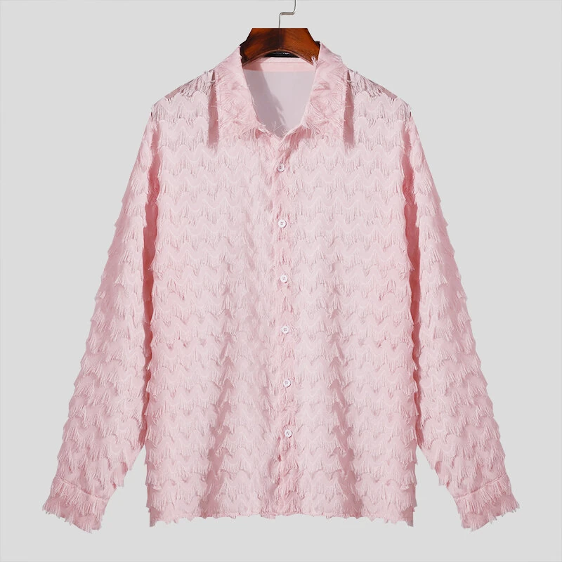 (image for) INCERUN Mens Fringe See Through Long Sleeve Shirt Fashion Pactwork Thin Spliced Tulle Lapel Blouse Loose Fit for Men S-5XL
