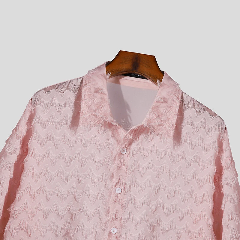 (image for) INCERUN Mens Fringe See Through Long Sleeve Shirt Fashion Pactwork Thin Spliced Tulle Lapel Blouse Loose Fit for Men S-5XL